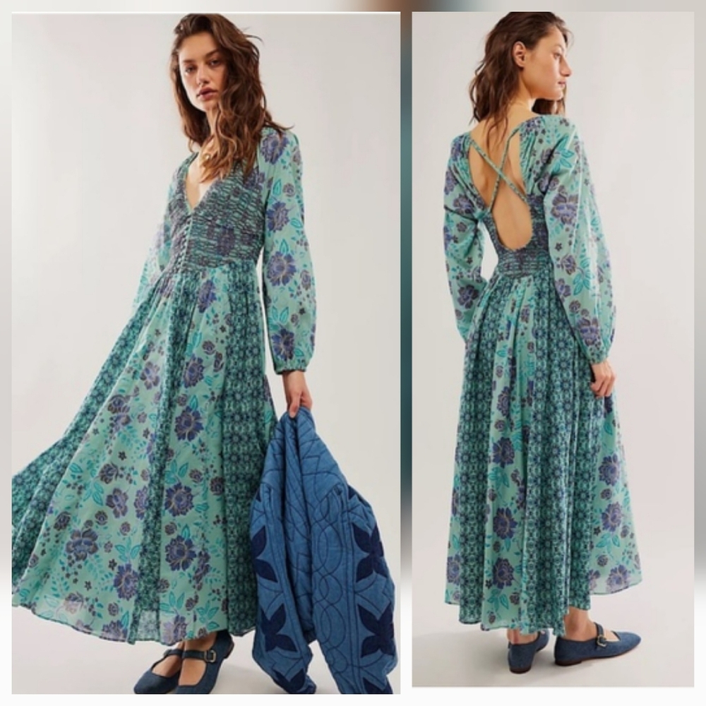 Free People A New Day Peasant Style V Neck Smocked Criss Cross Back Teal Medium